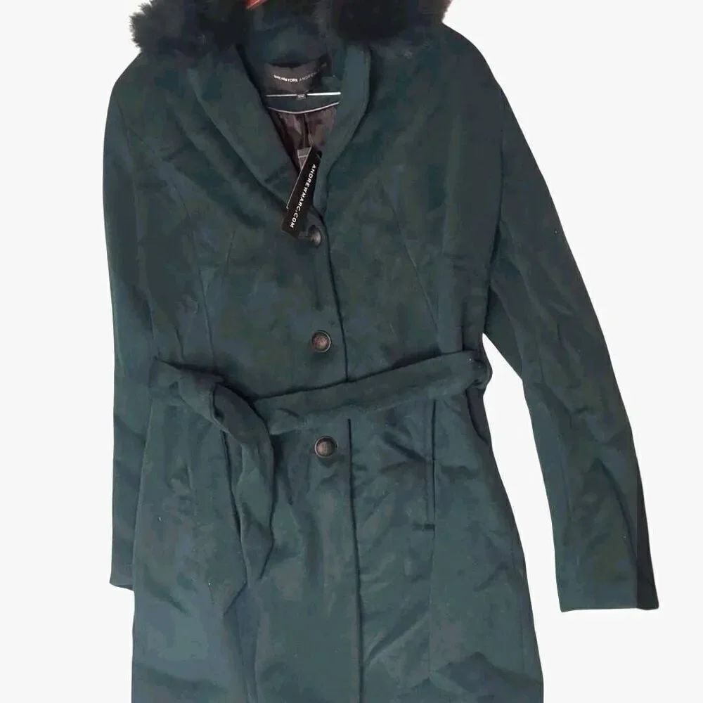 NWT Andrew Marc Fur Trim Dark Emerald Green Pea Wool Trench Coat 6